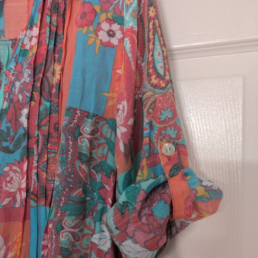 Ruby Rd Floral Pintuck Shirt Womens Size Large Pink Patchwork 3/4 Tab Sleeves - Picture 2 of 7